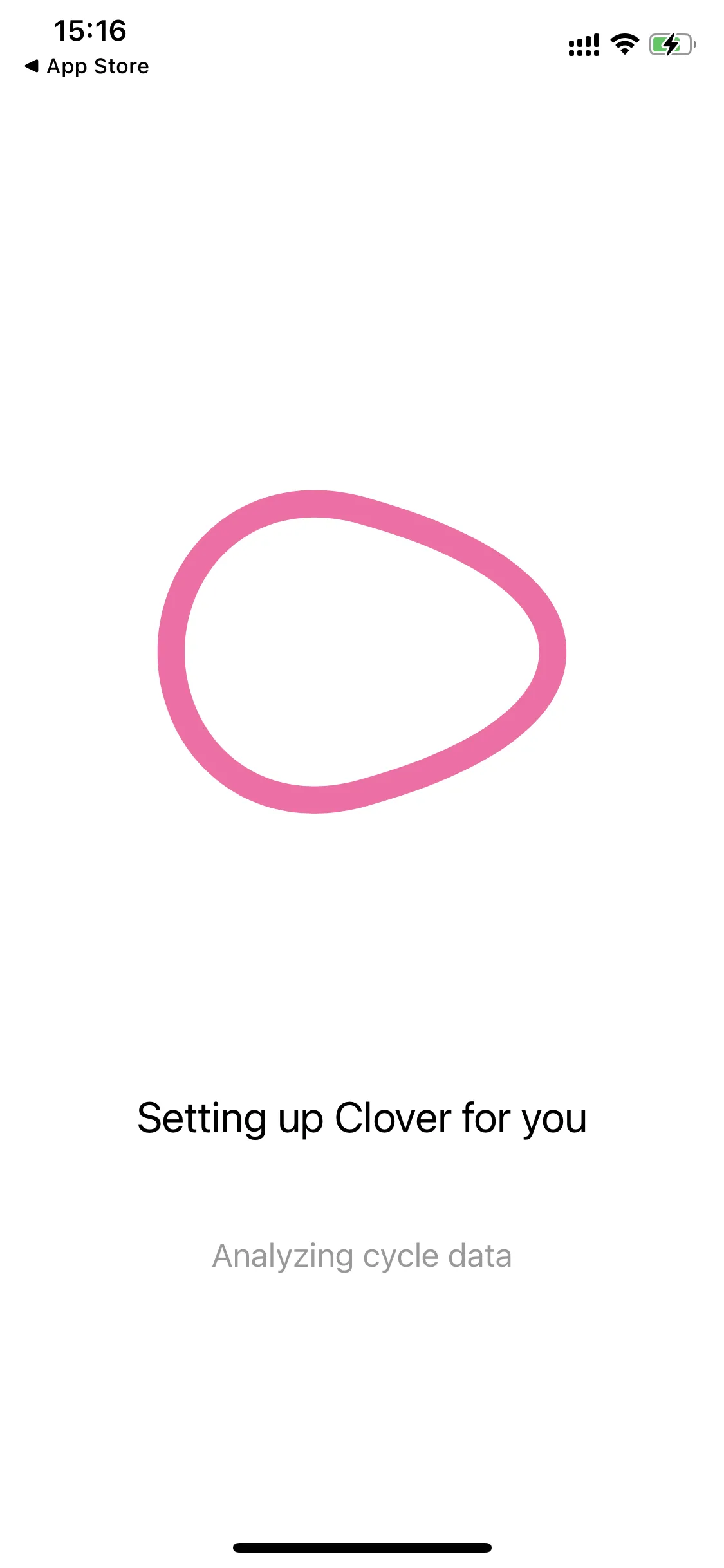 Clover loading screen “Setting up Clover for you”, “Analyzing cycle data”, with a pink ring and no progress shown