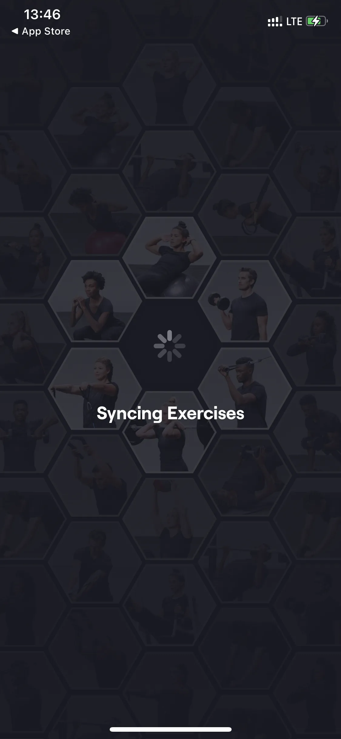 Fitbod loading screen “Syncing Exercises” with a spinner over workout photos and no hint of how long to wait