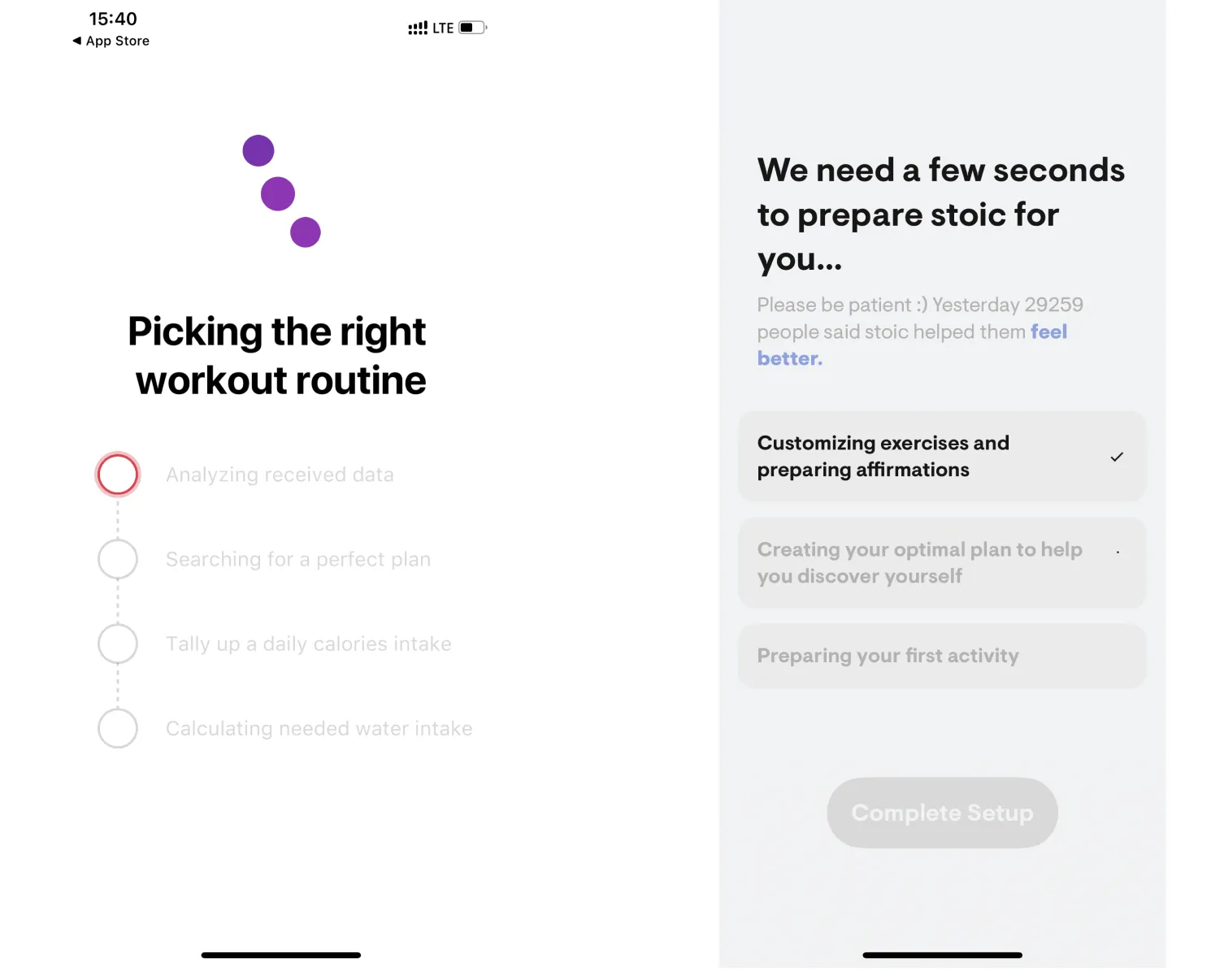 Slimkit “Picking the right workout routine” with four steps, and stoic “We need a few seconds to prepare stoic for you” with three