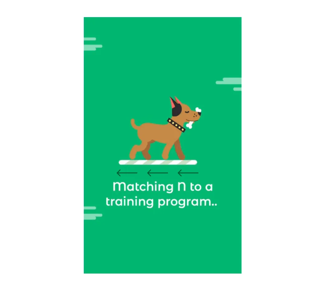 Dog training app loader “Matching … to a training program” with a dog walking on a striped bar and arrows pointing from right to left