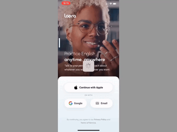 Loora sign-in screen over a video of a smiling learner, then “Loora is the only app where you really speak English” with a 4.8 rating