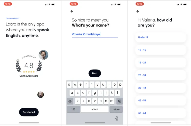 Loora screens: a 4.8 App Store rating, “So nice to meet you. What’s your name?”, then “Hi Valeria, how old are you?”
