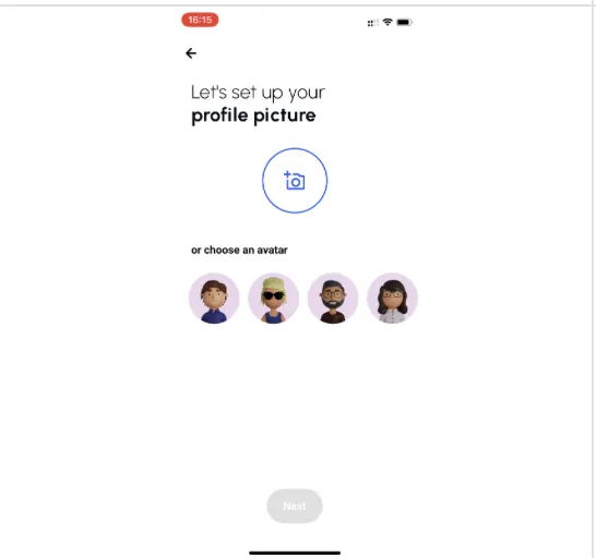 Loora profile picture step: a camera button to take a photo, or four default avatars to choose from