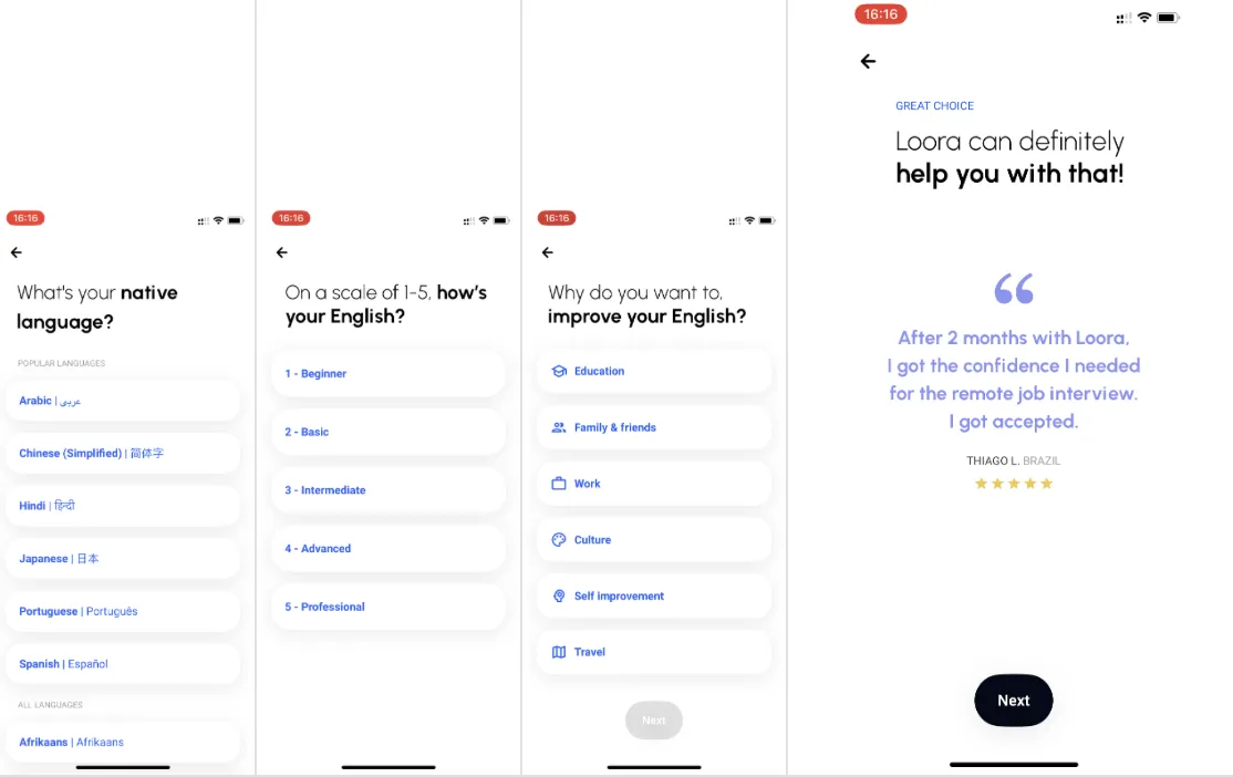 Loora question block: native language, English level from 1 to 5, reasons to improve, then “Great choice” with a user testimonial