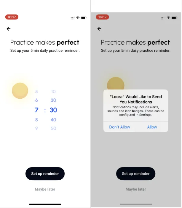 Loora reminder setup, “Practice makes perfect” with a time picker for 5-minute daily practice, followed by the iOS notification prompt