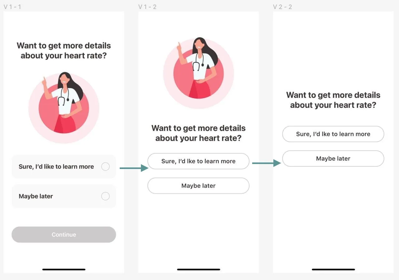 InPulse heart-rate question in three versions: a picture between question and answers, then the question beside the answers, then no picture