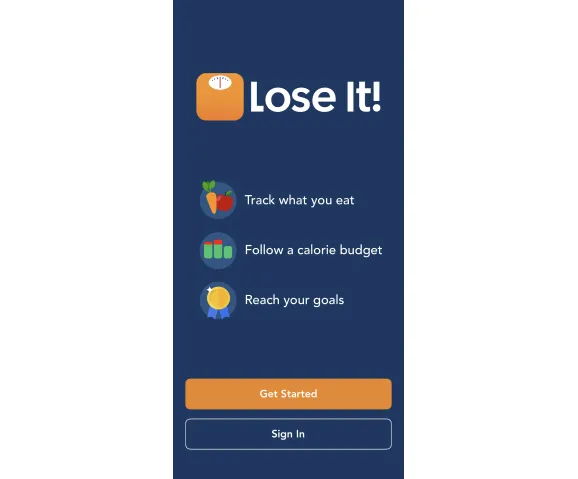 Lose It! welcome screen: the app name first, then track what you eat, follow a calorie budget and reach your goals