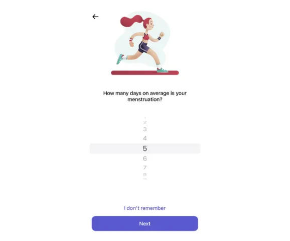 Period-length picker “How many days on average is your menstruation?” under an illustration of a running girl