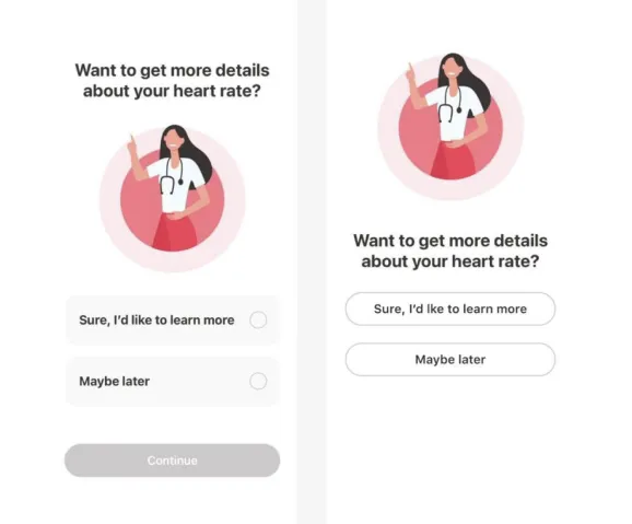 Heart-rate question shown twice: with a picture between the question and its answers, and with the question moved next to the answers