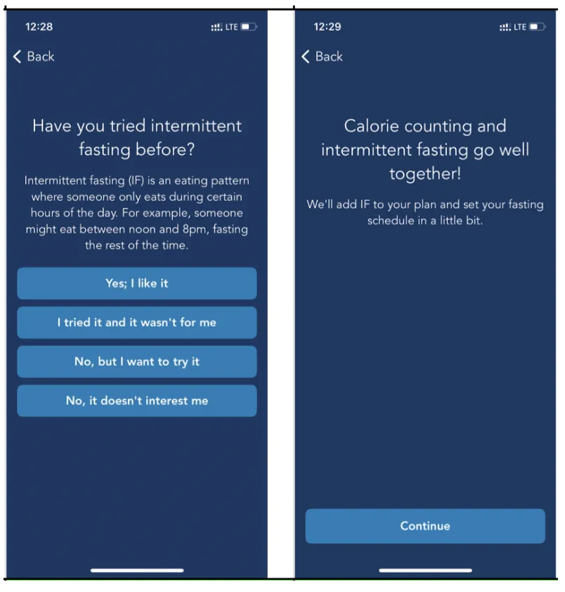 Intermittent fasting question followed by a screen that builds on the answer: calorie counting and intermittent fasting go well together