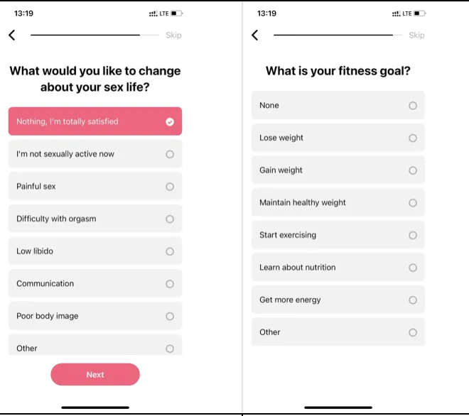 A question about changing your sex life followed directly by a question about fitness goals, an abrupt change of topic