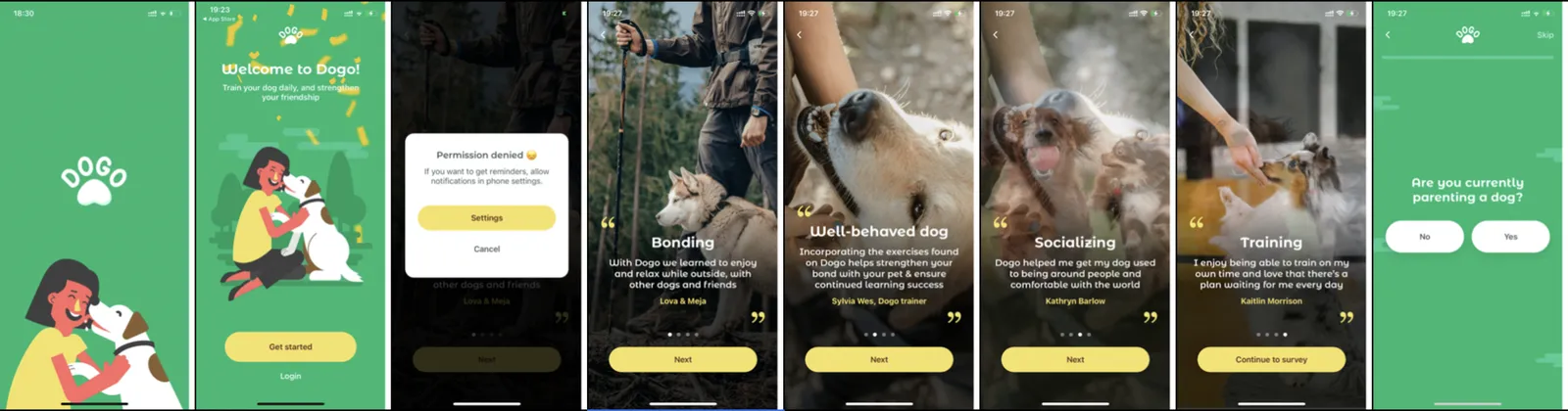 Dogo onboarding: illustrated green screens interrupted by photo testimonial screens in a different visual style