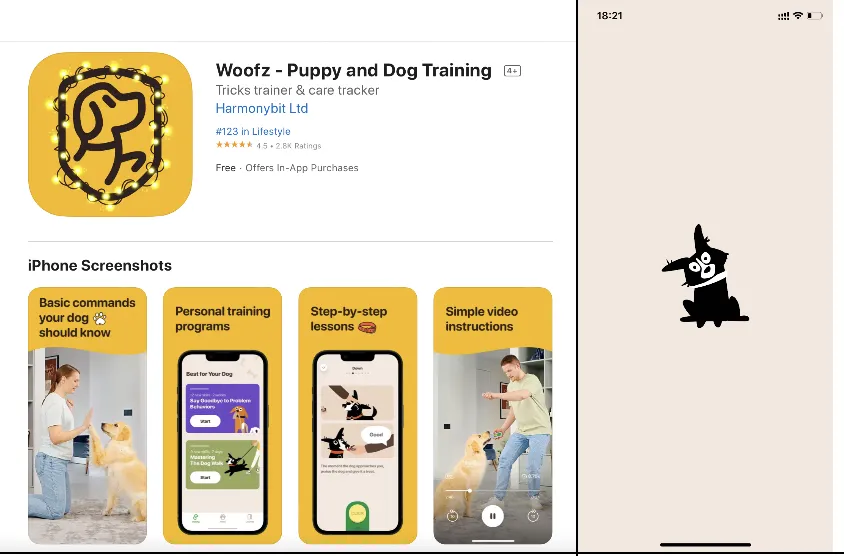 Woofz App Store page with a yellow icon and bright screenshots next to the app’s first screen, a black dog on a beige background