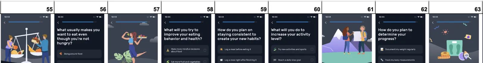 Yazio onboarding screens 55 to 63 in a row: the thin progress line is almost full and barely moves from one screen to the next