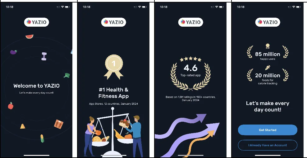 YAZIO opening slider: welcome, a #1 Health & Fitness App award, a 4.6 rating from 1.5M ratings and 85 million happy users