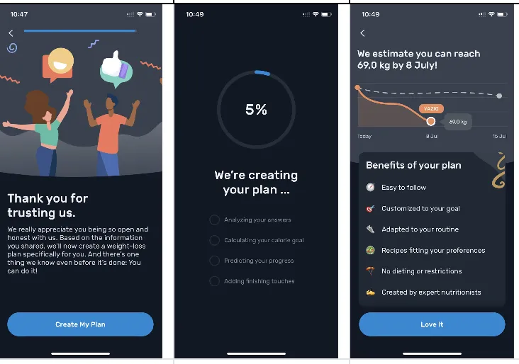 YAZIO thank-you screen, a “We’re creating your plan” loader at 5% and a forecast of reaching 69 kg by 8 July