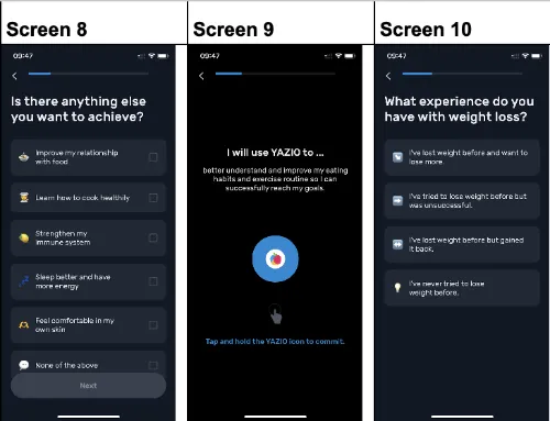 YAZIO screens 8 to 10: an extra goals question, a “Tap and hold the YAZIO icon to commit” pledge and a weight-loss experience question