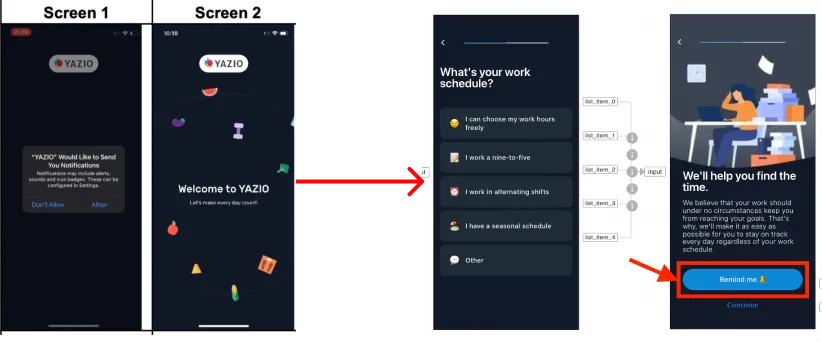 YAZIO asks for push permission before the welcome screen; the suggested fix moves it to a “Remind me” button after the work schedule question